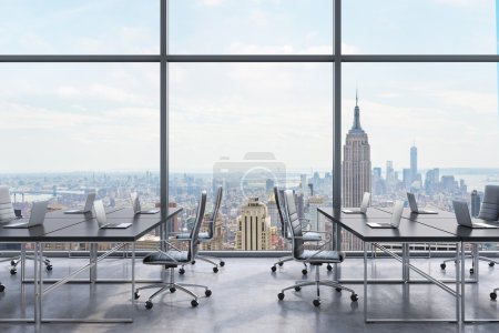Workplaces in a modern panoramic office, New York city view from the windows. Open space. Black tables and black leather chairs. A concept of financial consulting services. 3D rendering.