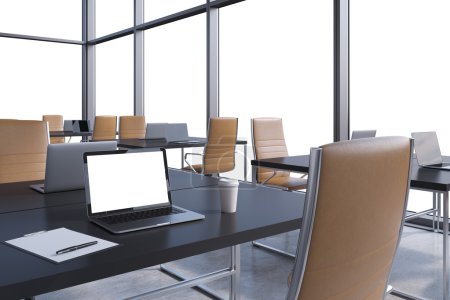 Workplaces in a modern corner panoramic office, copy space in the windows. Open space. Black tables and brown chairs. A laptop with a white screen, notepad and a coffee cup. 3D rendering.