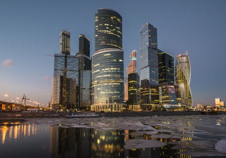 Tall buildings Business Center Moscow City winter at sunset.