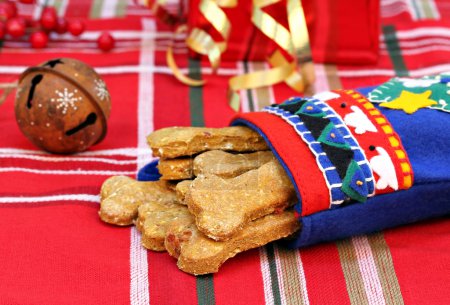 Dog Biscuits made with pumpkin and bacon in a Christmas stocking
