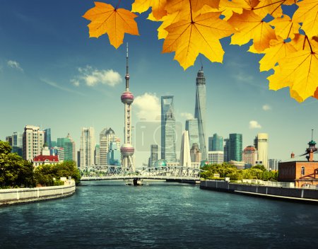 Shanghai skylineand autumn leaves, China