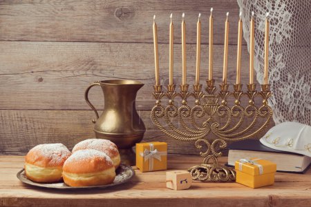 Hanukkah celebration with vintage menorah