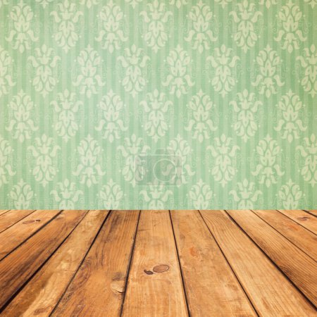 Vintage wooden planks over bokeh green background