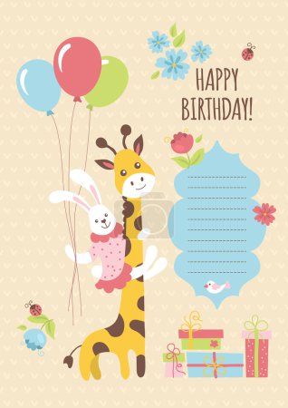 Birhtday card with giraffe and bunny