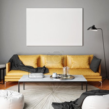 Mock up poster, interior composition, sofa, lamp and white poster