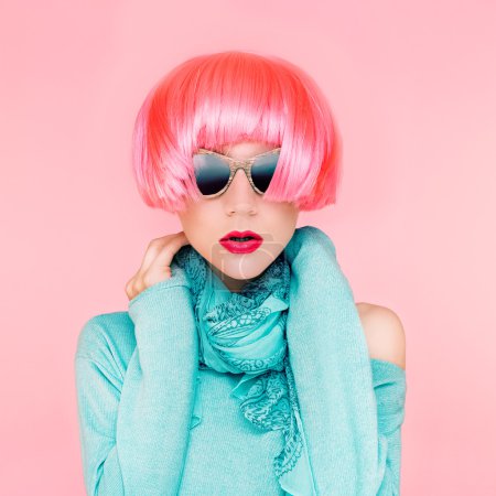 Glamorous fashion lady in pink wig