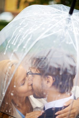 Affectionate couple kissing under umbrella