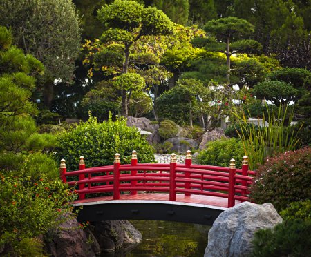Red bridge in garden