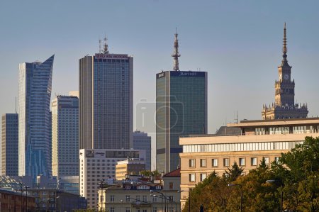 Warsaw, Poland - August 27, 2016: Panoramic view downtown on sunset, with Palace of Culture and Science, Polish: Palac Kultury i Nauki, also abbreviated PKiN.