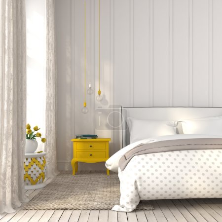 Light bedroom with yellow bedside table