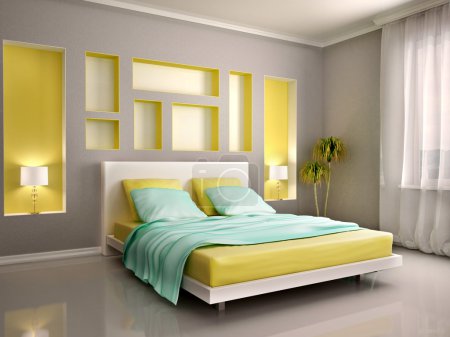 3d illustration of modern bedroom interior with yellow bed and n