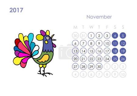 Rooster calendar 2017 for your design. November month.