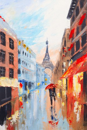 Couple walking on the streets of Paris against the backdrop of the Eiffel Tower, abstract oil painting