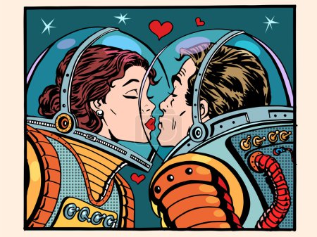 Kiss space man and woman astronauts