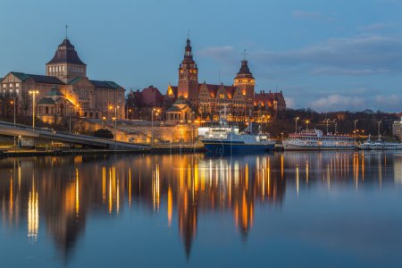 A view of the Szczecin city by night,Poland,waterfront, Chrobry embankment
