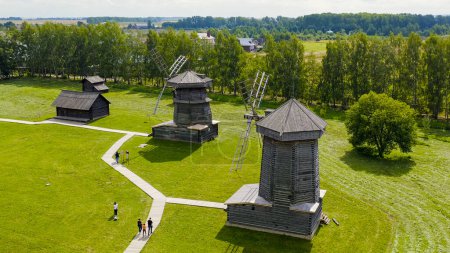 Suzdal, Russia. Flight. Wooden windmills of the 18th-19th centuries, Aerial View  