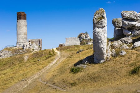 White rocks and ruined medieval castle in Olsztyn, Poland 
