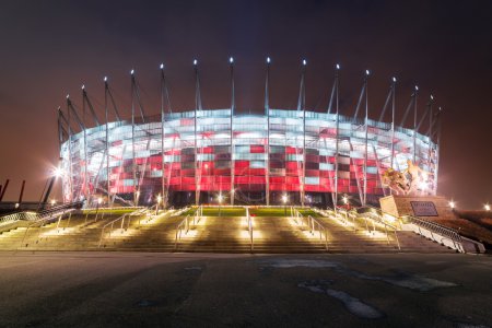 National Stadium in Warsaw illuminated at night