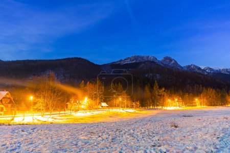 Snowy valley in Tatra mountains at night