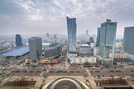 Aerial view of the city center in Warsaw , Poland