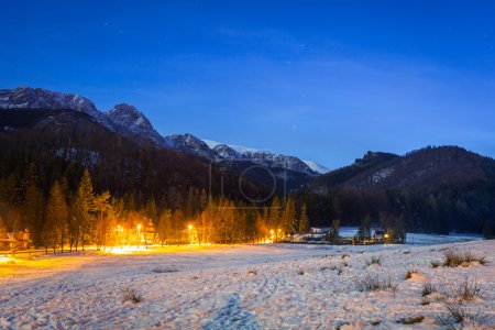 Snowy valley in Tatra mountains at night