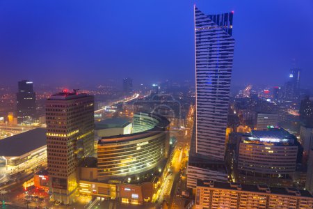 Aerial view of the city center in Warsaw at night, Poland