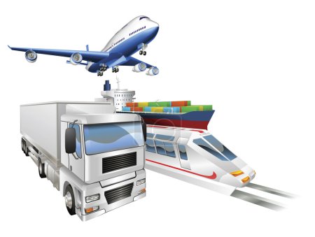 Logistics concept airplane truck train cargo ship