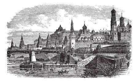 The Moscow Kremlin and river,Russia vintage engraving