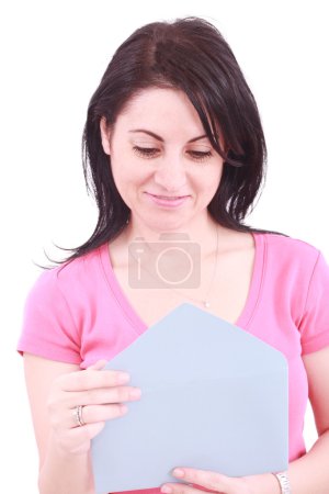 Young beautiful woman opening a letter