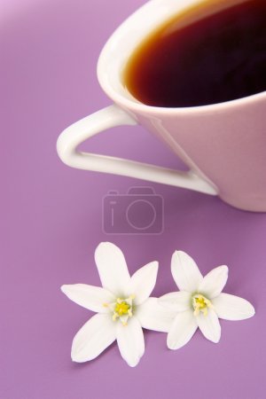 Cup of coffee and white flowers
