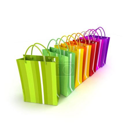 Brightly colored shopping bags in a row