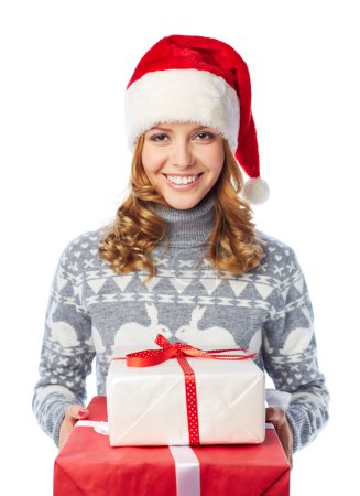 Girl in Santa cap holding giftbox