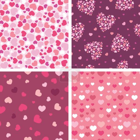 Set of four romantic hearts seamless patterns backgrounds