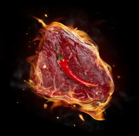 Raw steak in fire