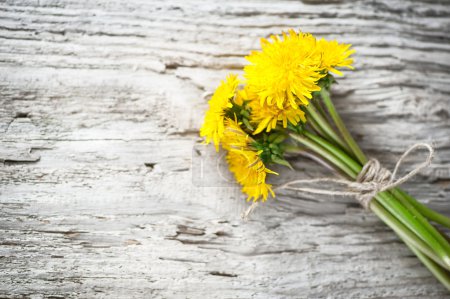 Dandelion flowers on the wooden background