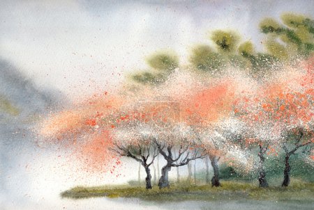 Watercolor landscape. Flowering trees near rive