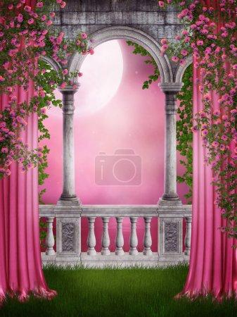 Pink garden with curtains