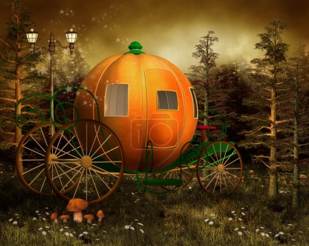 Pumpkin carriage in a forest