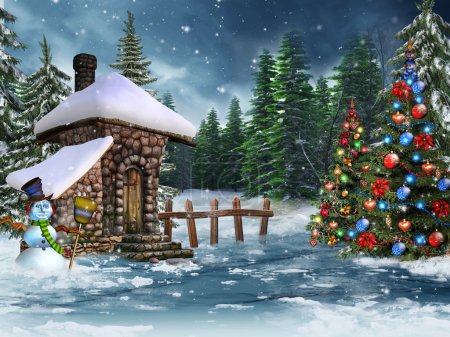Christmas cottage with a snowman