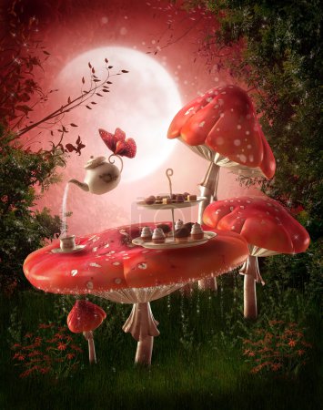 Fairy garden with red mushrooms