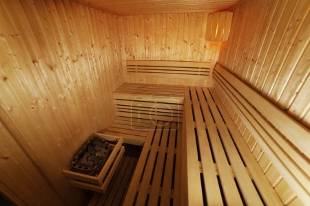 Interior of wooden and steaming sauna