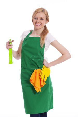 Cheerful cleaner with liquid and protective glove