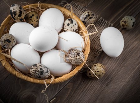 Quail and chicken eggs in a basket