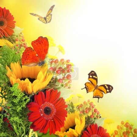 Autumn flowers, bouquet from gerber and butterfly