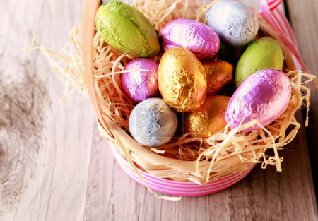 Colorful Easter eggs in straw basket