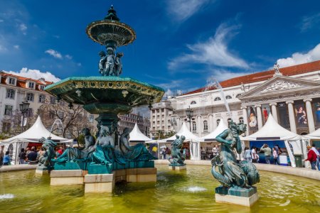 Baroque Fountain on Rossio Square the Liveliest Placa in Lisbon,