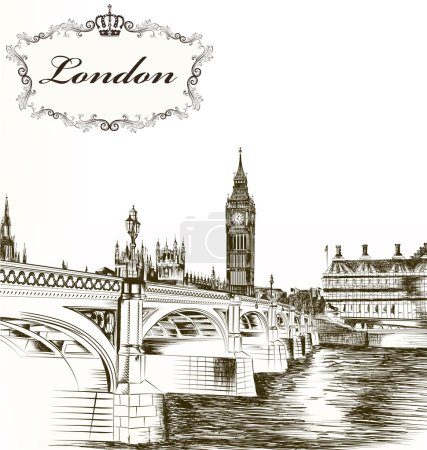 Imitation of retro detailed hand drawn card with London for des