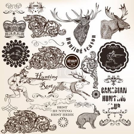 Set of vector decorative hunting and floral elements in vintage 