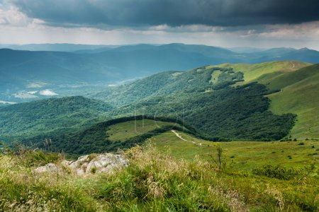 Stormy clouds over Bieszczady mountains, Poland View of Tarnica trail