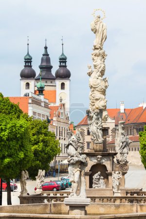 Telc, Czech Republic - May 10, 2013: Unesco city. Marian column build in 1716-1720. Author of the column is sculptor David Lipart of Brtnice.